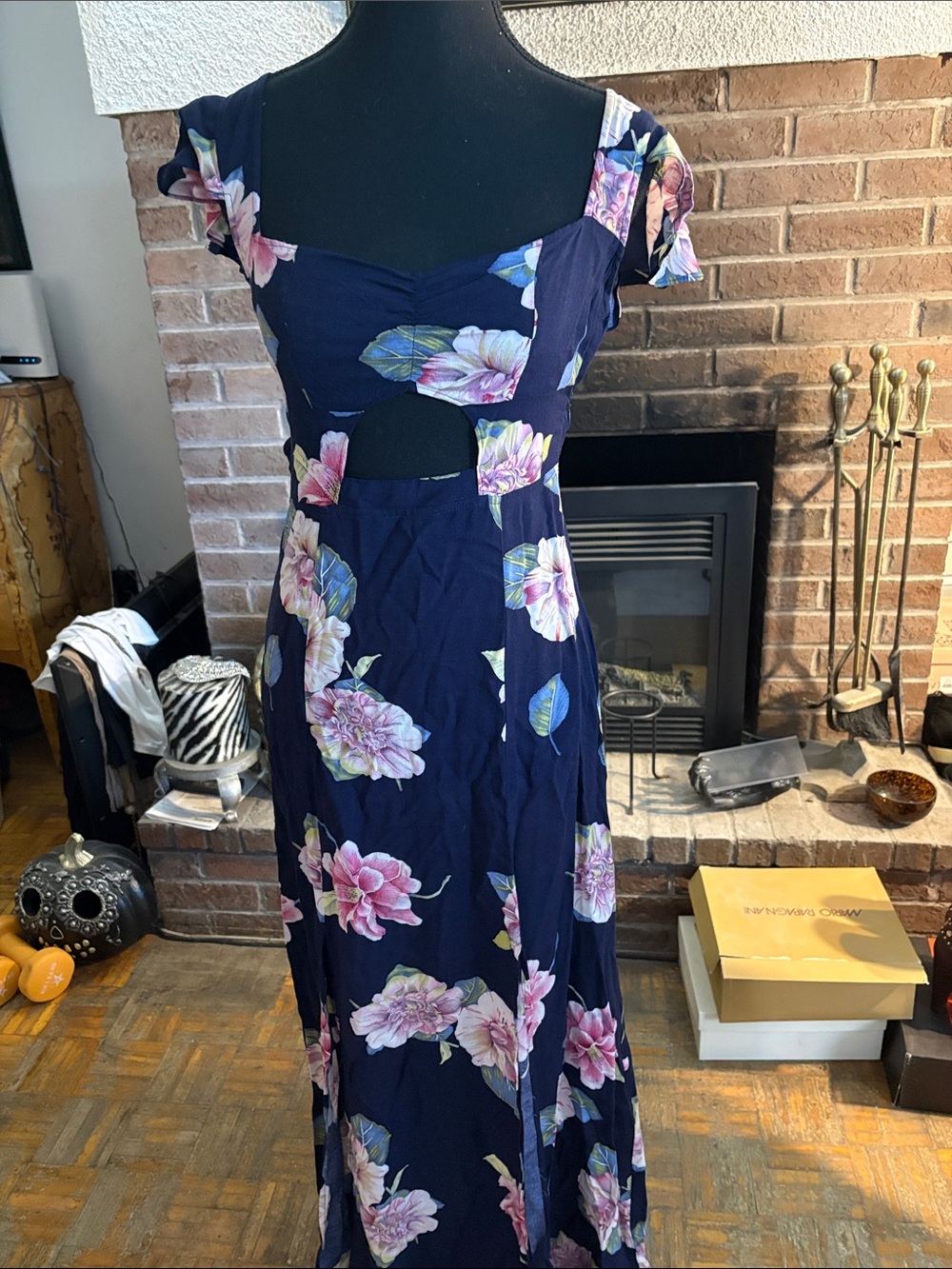 Navy Floral Cutout Maxi Dress with Cap Sleeves